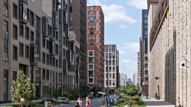 Pedestrian Street in a New Modern Residential Area of Moscow, Russia