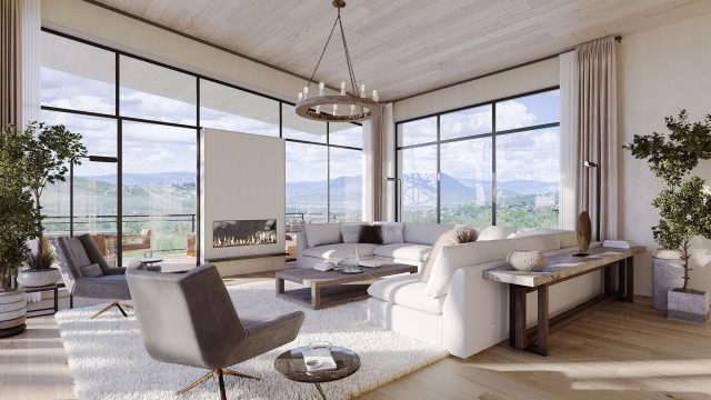 Render of a Fully Furnished Luxury Home Interior with Mountain Views