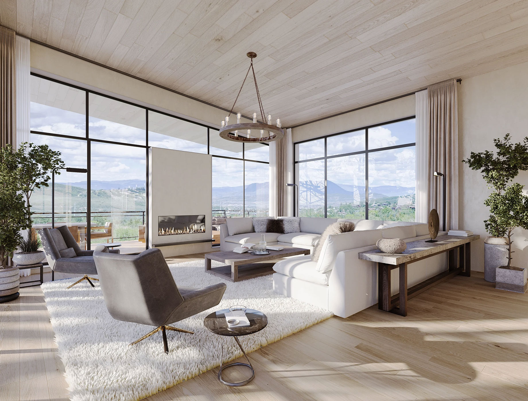 Render of a Fully Furnished Luxury Home Interior with Mountain Views