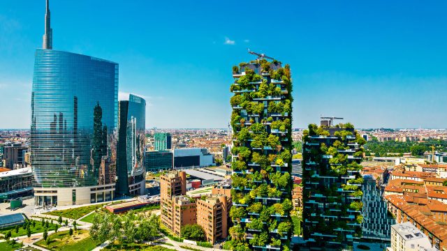 Aerial View of Bosco Verticale in the Porta Nuova District of Milan, Italy