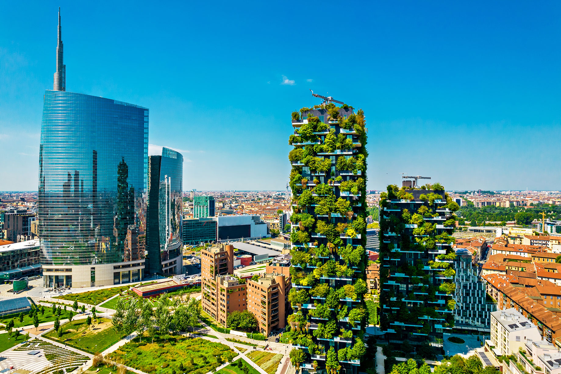 Aerial View of Bosco Verticale in the Porta Nuova District of Milan, Italy