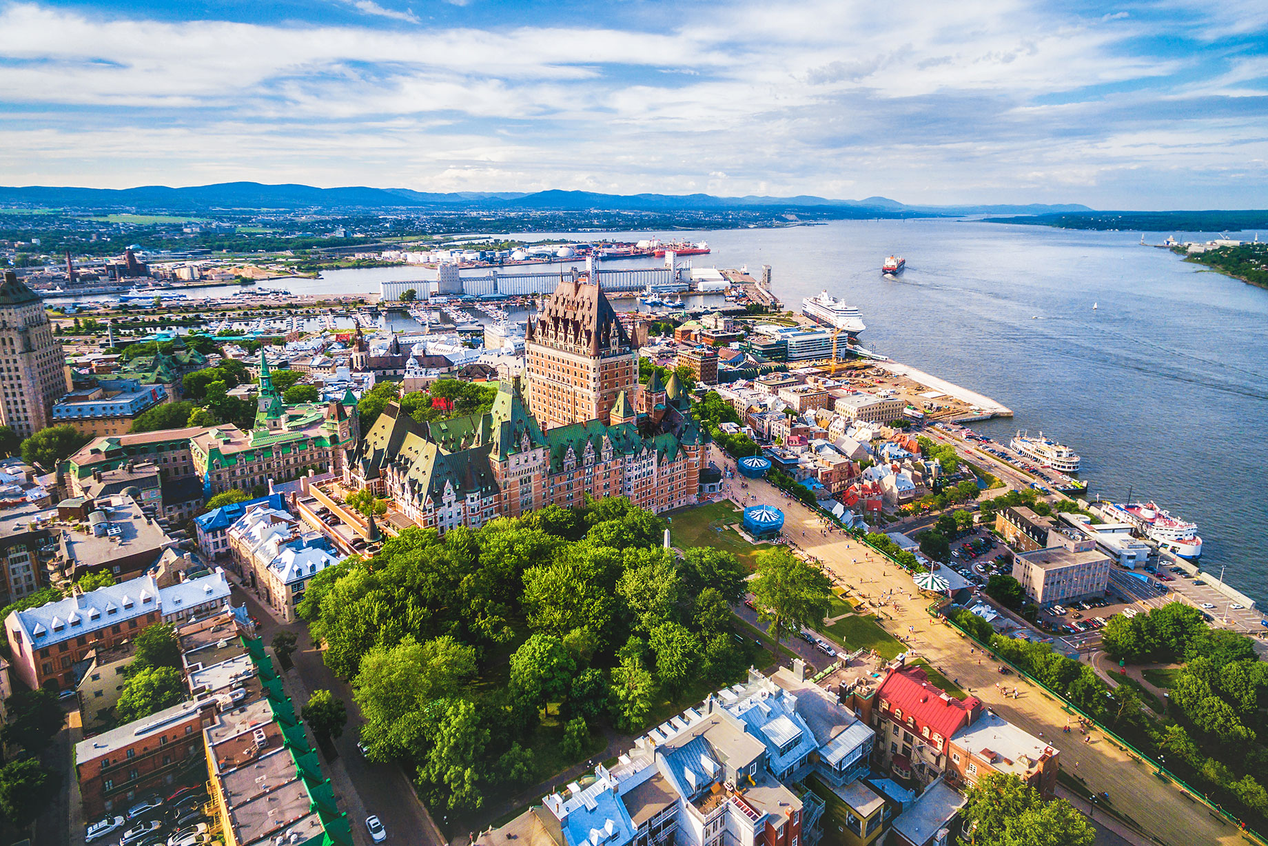 Aerial View of Chateau Frontenac Hotel and Old Port in Québec City, Canada