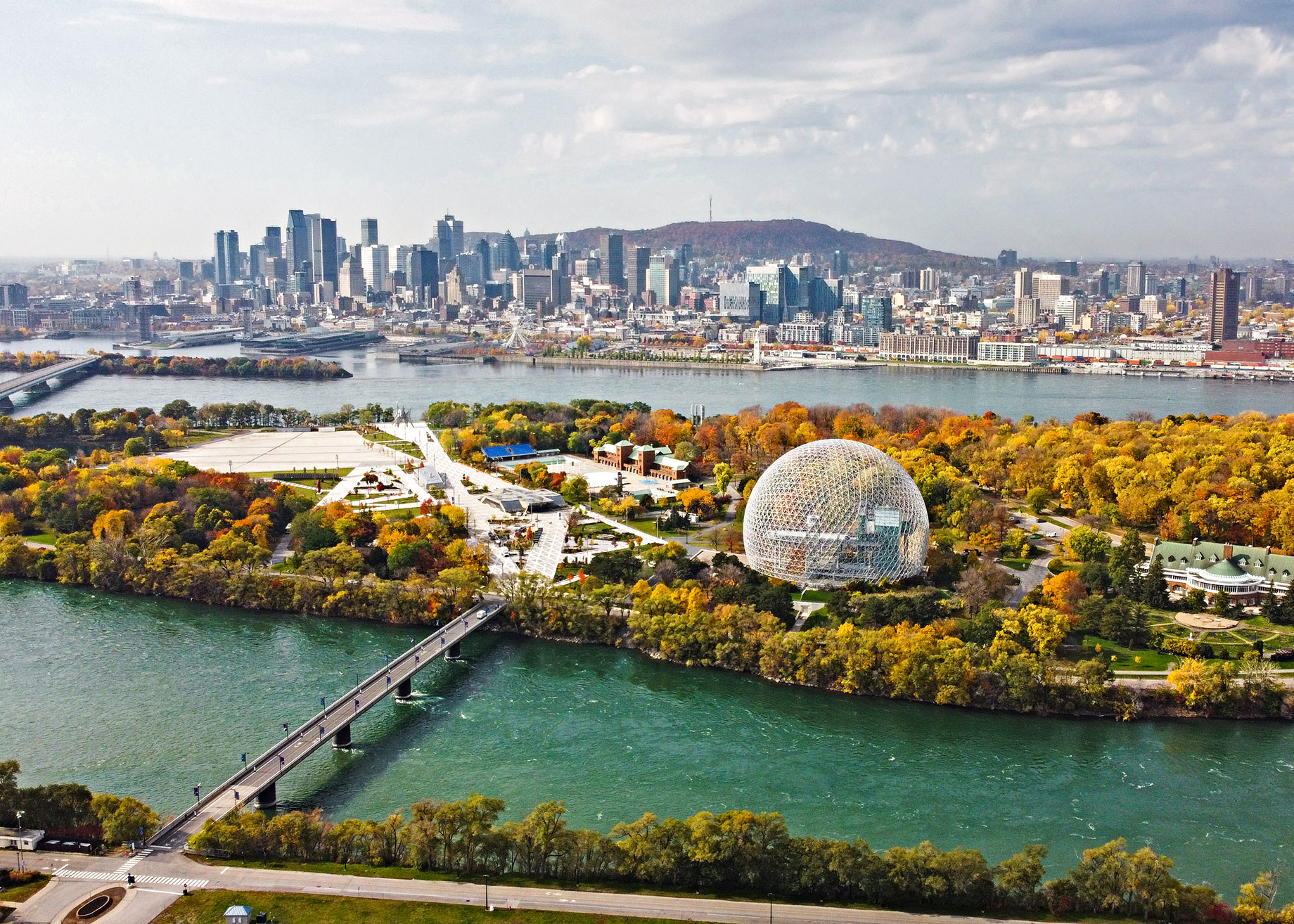 Aerial View of Parc Jean-Drapeau and Downtown Montreal, Quebec, Canada