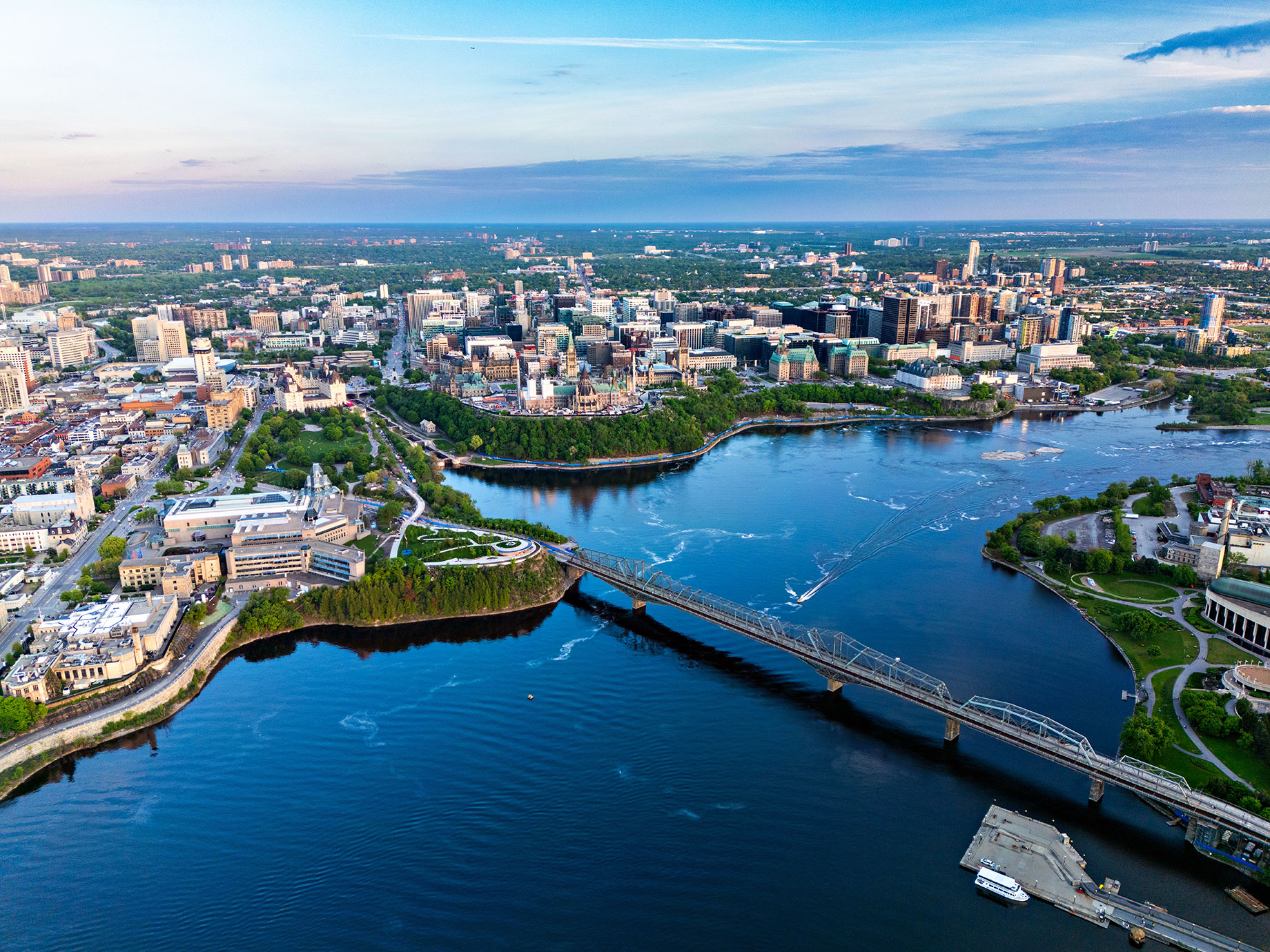Aerial View over the Ottawa River between Gatineau, Quebec and Ottawa, Ontario, Canada