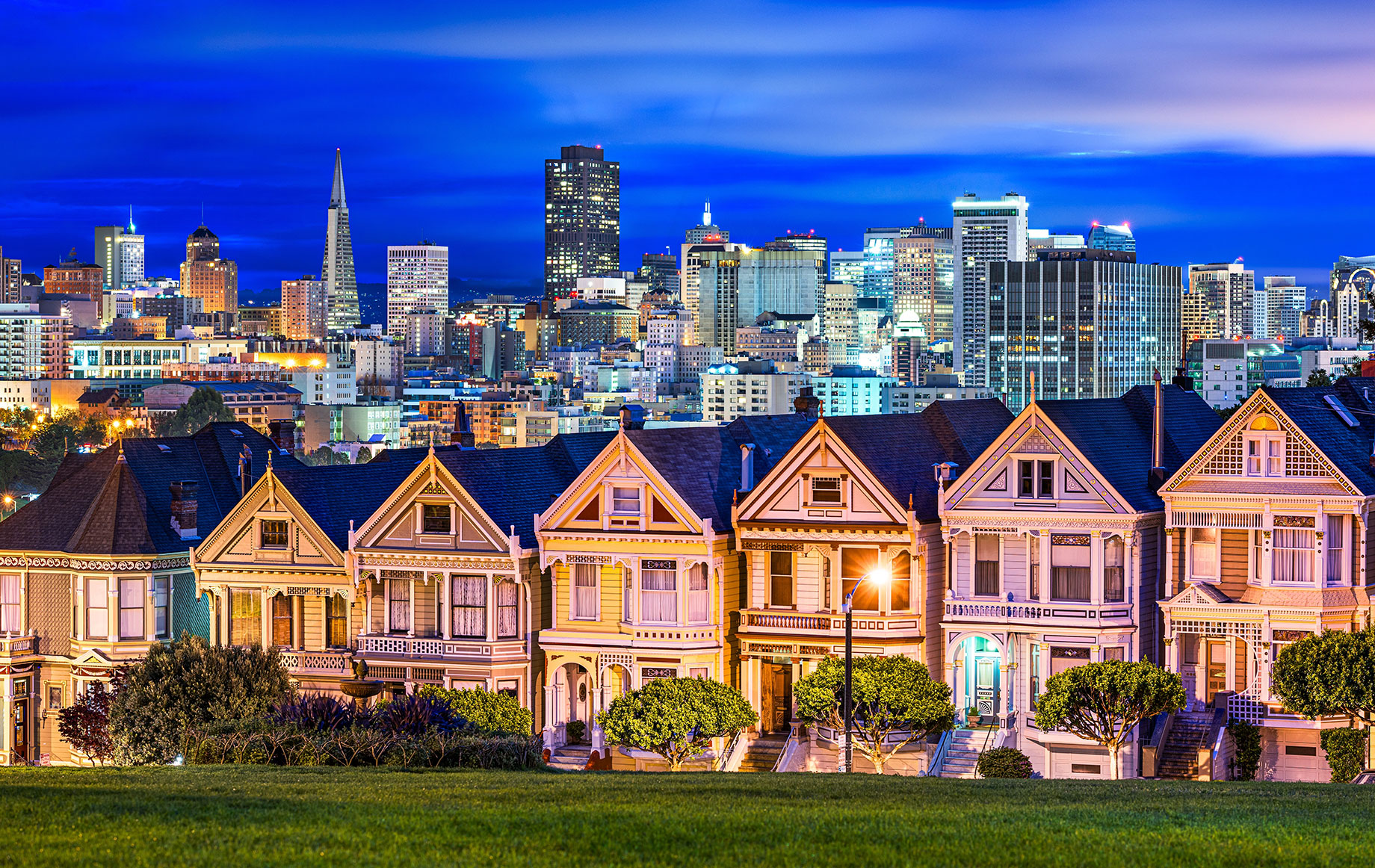 Classic San Francisco Houses with the Cityscape in the Background