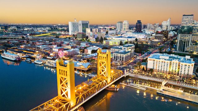 Downtown Sacramento and the Tower Bridge at Dusk in California, USA