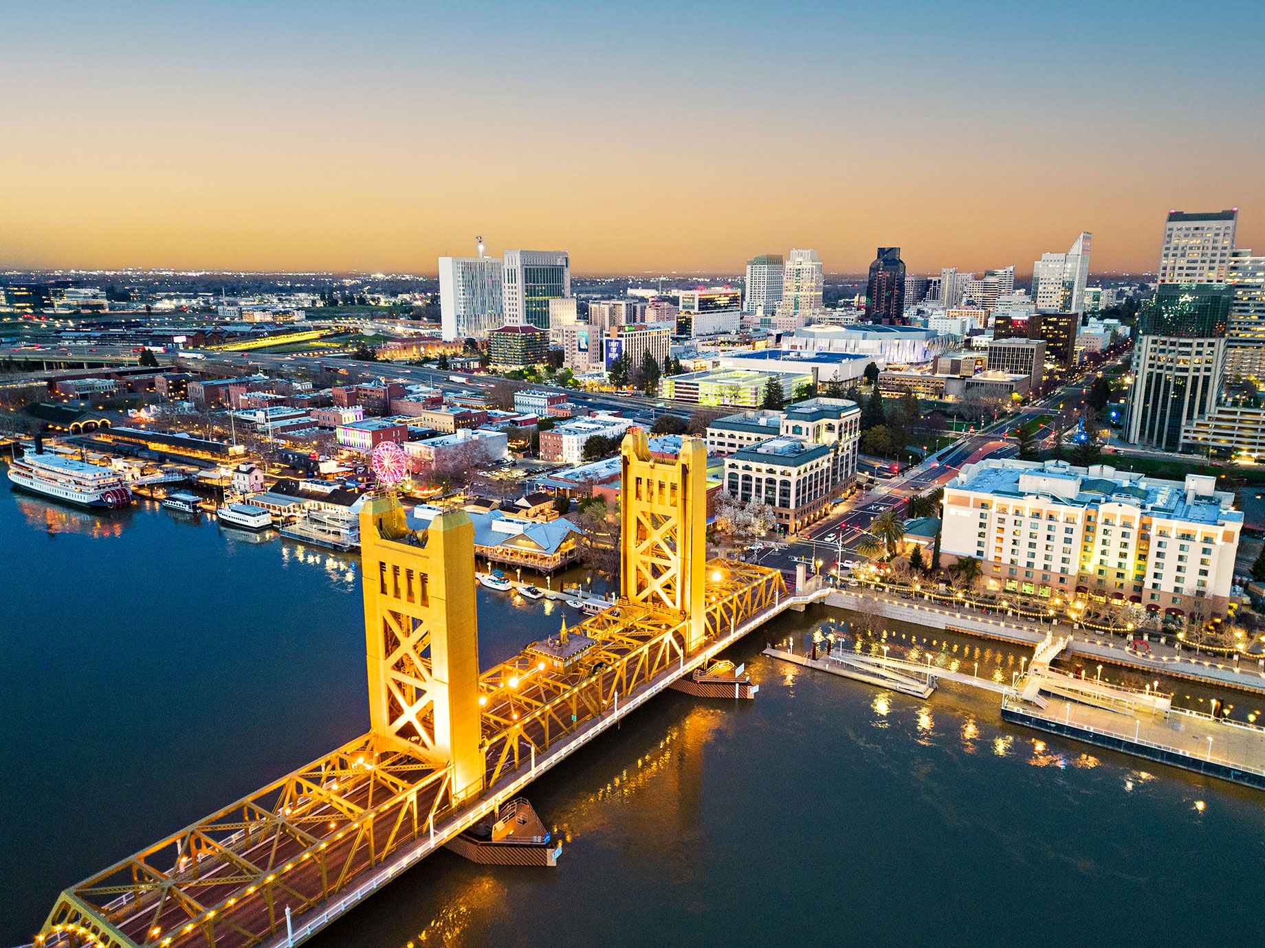 Downtown Sacramento and the Tower Bridge at Dusk in California, USA
