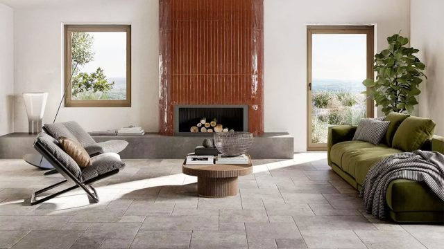Living Room with Fireplace and French Pattern Tiles