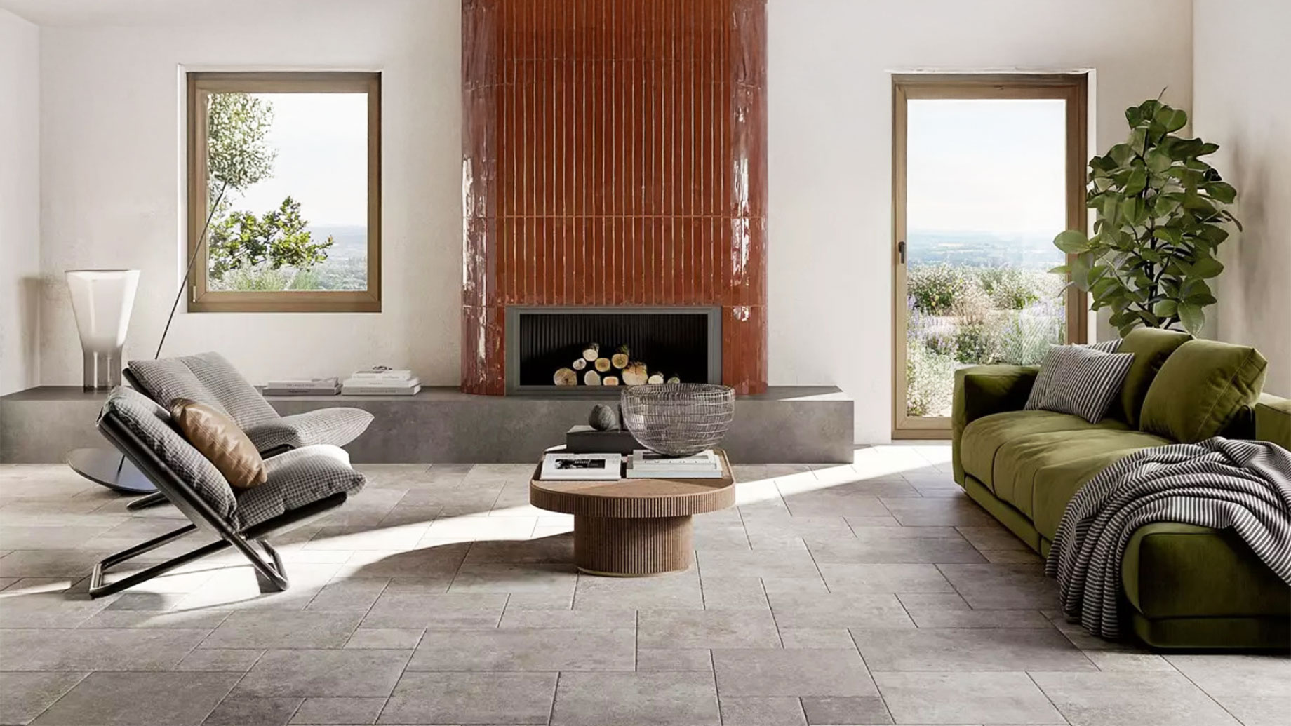 Living Room with Fireplace and French Pattern Tiles