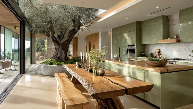 Modern kitchen with custom wood cabinetry, large natural wood dining table, and an indoor olive tree creating a warm, handcrafted atmosphere.