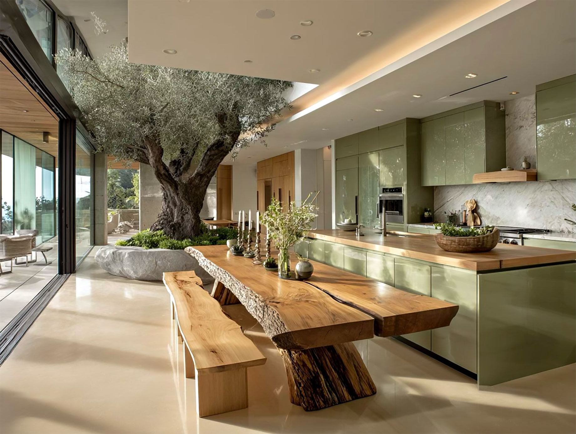 Modern kitchen with custom wood cabinetry, large natural wood dining table, and an indoor olive tree creating a warm, handcrafted atmosphere.