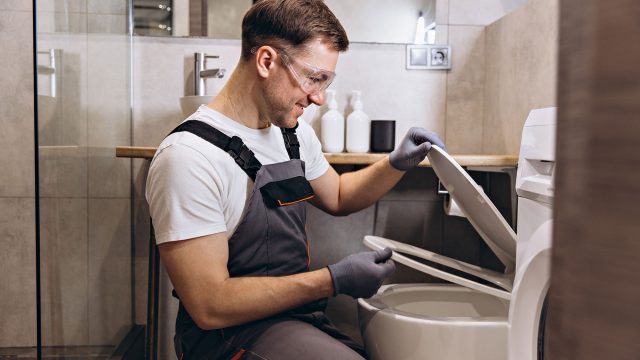 Professional Plumber Fixing a Toilet