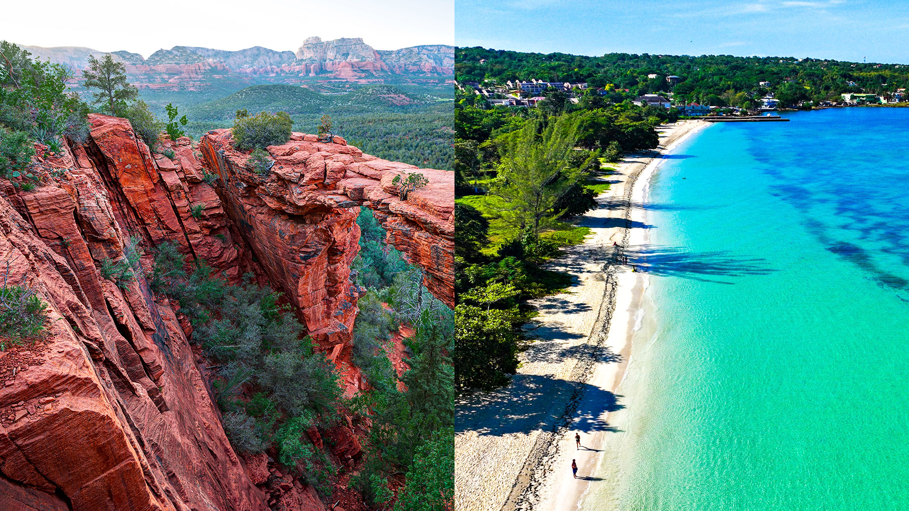 Red Rocks at Devil's Bridge in Sedona, Arizona, USA and Negril Beach in Jamaica