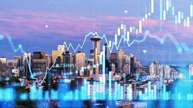 Seattle Skyline with Digital Charts Overlaid