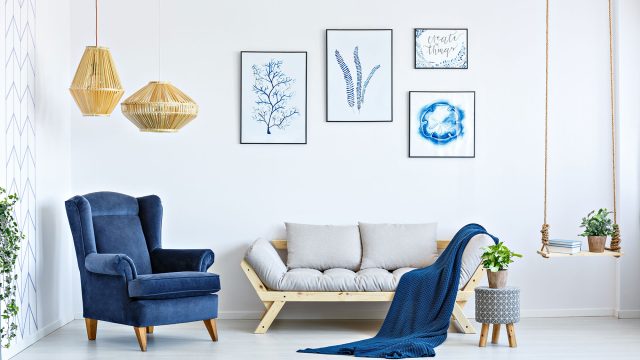 White Sofa and Blue Armchair in Living Room