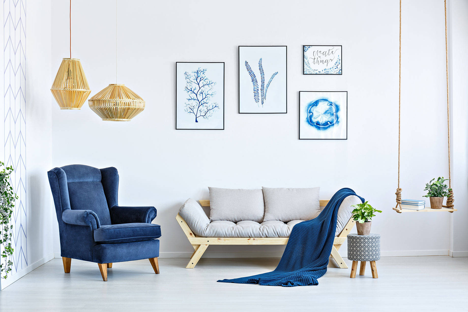 White Sofa and Blue Armchair in Living Room