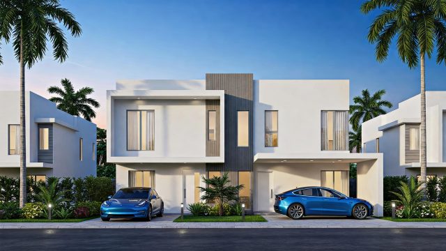 3D Render of Luxury Duplex with Two Blue Cars