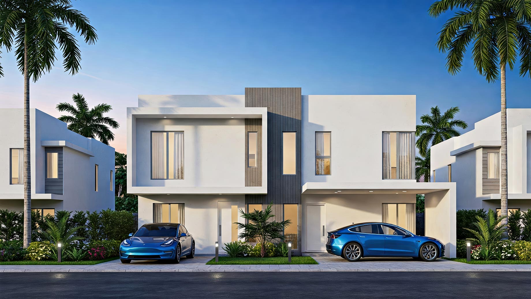 3D Render of Luxury Duplex with Two Blue Cars
