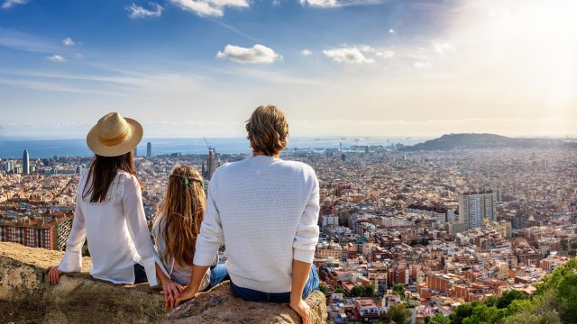 Family Enjoying Panoramic View of Barcelona, Spain