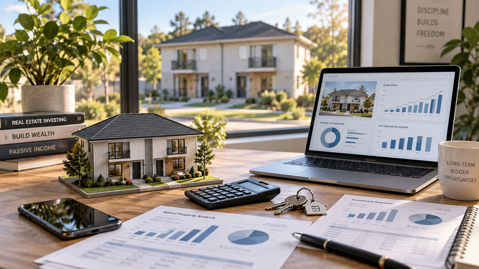 Model duplex beside a laptop displaying rental cash-flow charts, calculator, house keys, and investment documents on a sunlit desk.