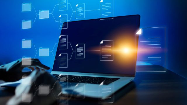 Laptop with AR Document Files and Folders Overlayed