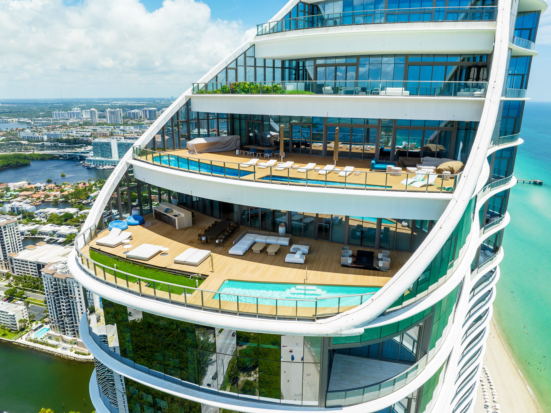 Modern Terraced Penthouse Apartments with Pools in Sunny Isles Beach, Florida, USA