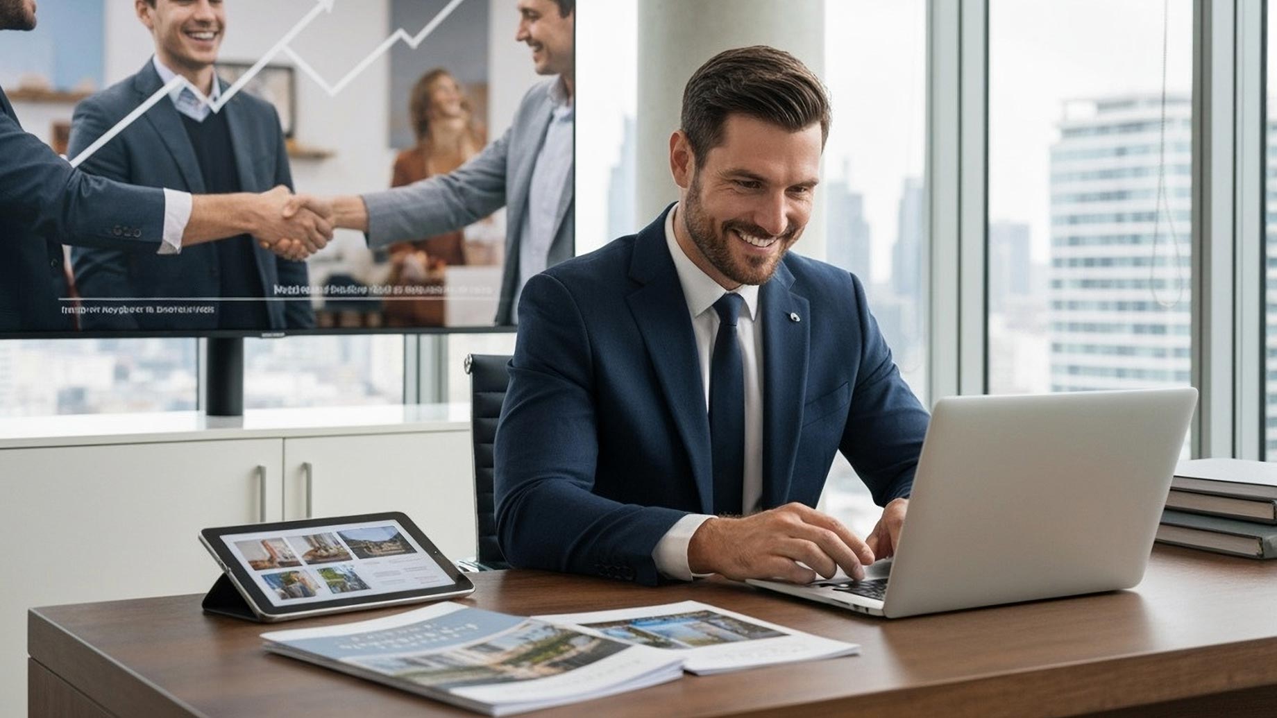 Realtor Smiling While Managing Luxury Real Estate SEO