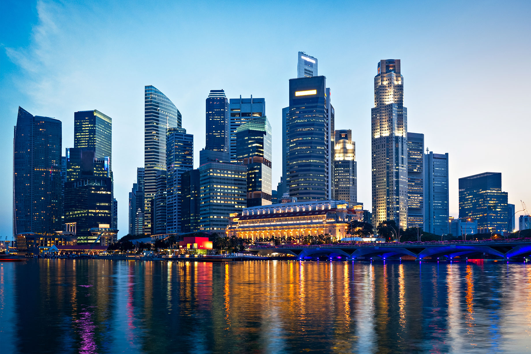 Singapore Skyline and Marina Bay in Evening