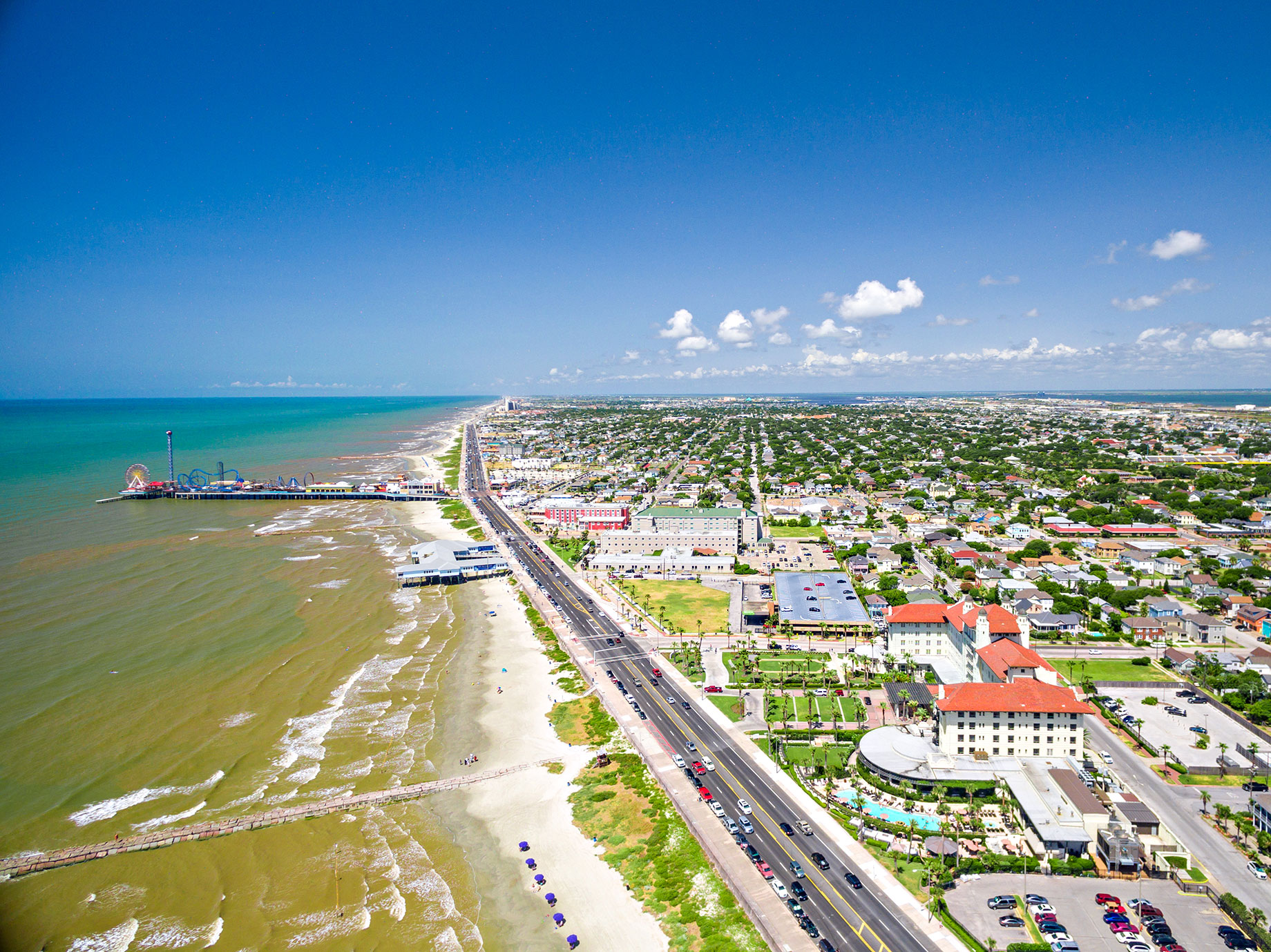 Galveston Island Along the Seawall From the Air in Texas, USA