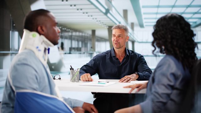 Personal Injury Attorney Advising Injured Client with a Neck Brace