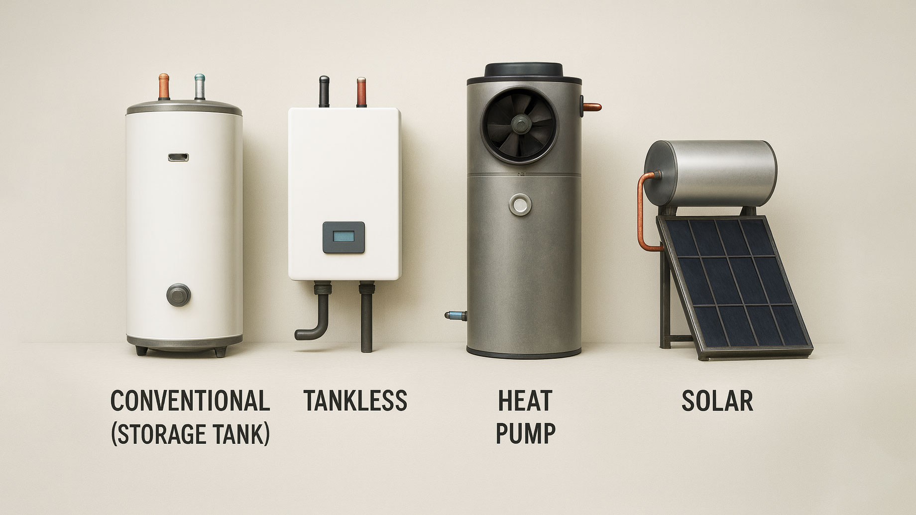 Water Heater Selection of Storage Tank, Tankless, Heat Pump, and Solar