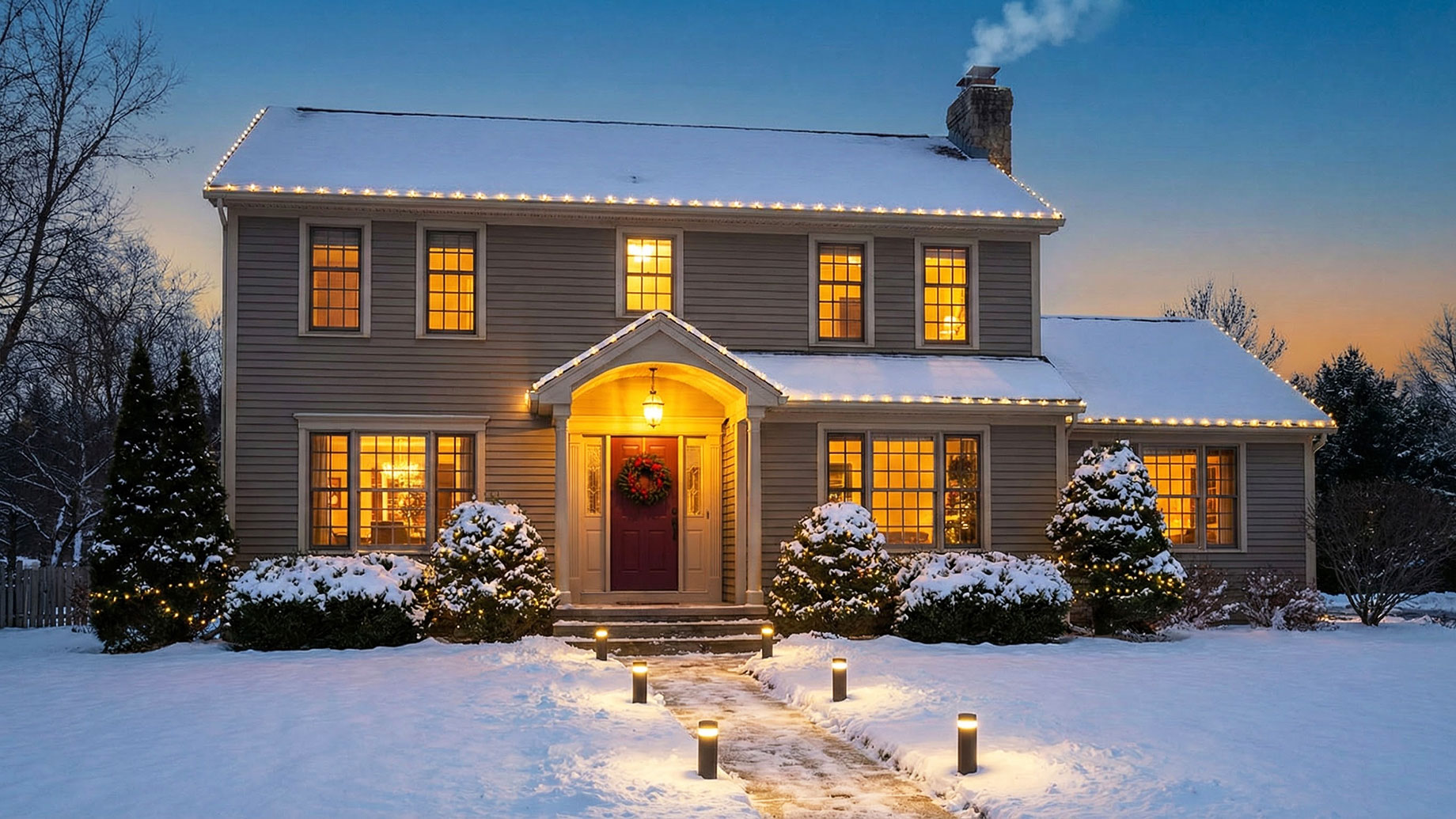 A beautiful two-story home at twilight in winter, featuring a warm golden glow from interior windows, a red front door with a wreath, soft pathway lighting along a cleared snowy walkway, and a gentle plume of smoke rising from the chimney against a sunset sky.