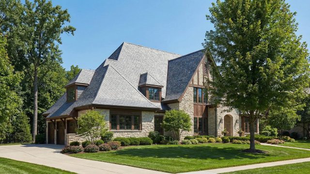 A sprawling luxury residence in the Midwest, featuring a prominent multi-gabled slate roof, a stone and timber facade, and perfectly manicured landscaping under a clear blue sky.