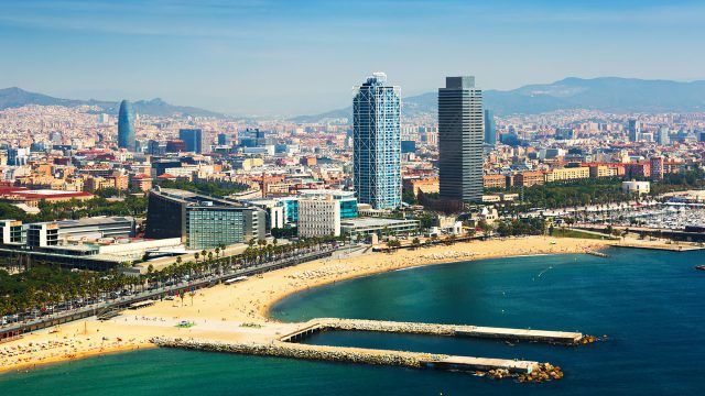 Aerial View from the Mediterranean Sea of Barcelona, Spain