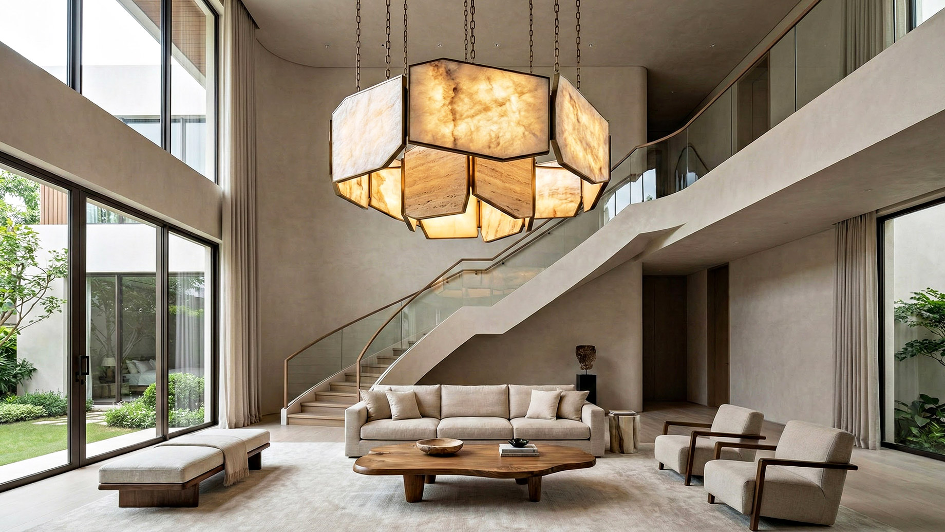 A large, contemporary stone chandelier suspended in a spacious double-height living room, featuring translucent natural stone panels that diffuse a soft, warm light. The heavy, sculptural fixture acts as a central architectural element, anchoring the modern interior above a neutral seating area and staircase, highlighting the texture and visual weight of designer stone lighting.