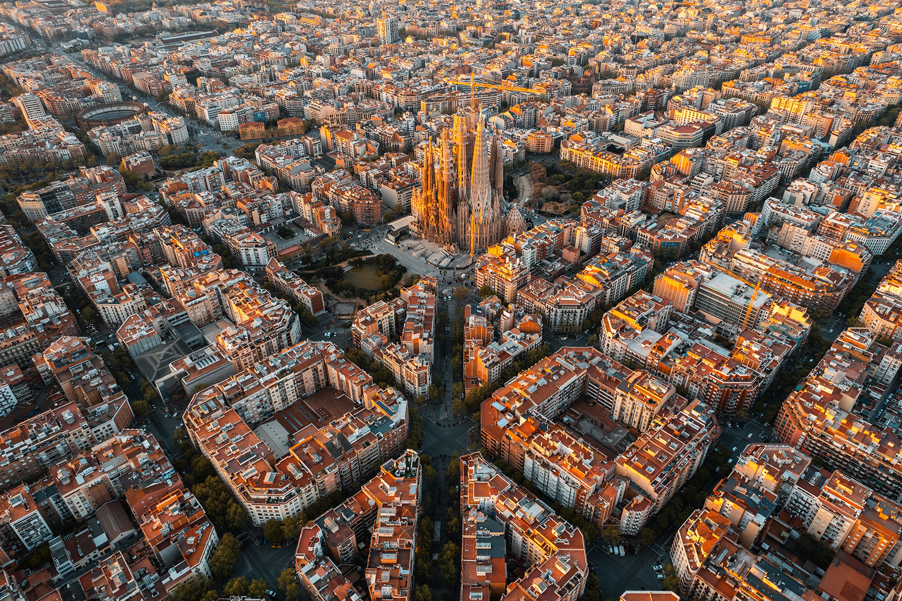 Barcelona Eixample Residential District and Sagrada Familia Basilica at Sunrise