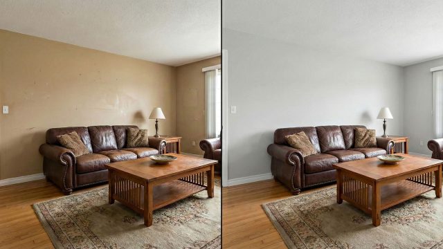A split-screen photograph illustrating an interior painting transformation. On the left side, a living room features damaged, scuffed tan walls. On the right side, the exact same living room is shown with freshly painted, clean light grey walls, demonstrating a refreshed atmosphere while retaining the original brown leather sofa, wooden coffee table, and decor.