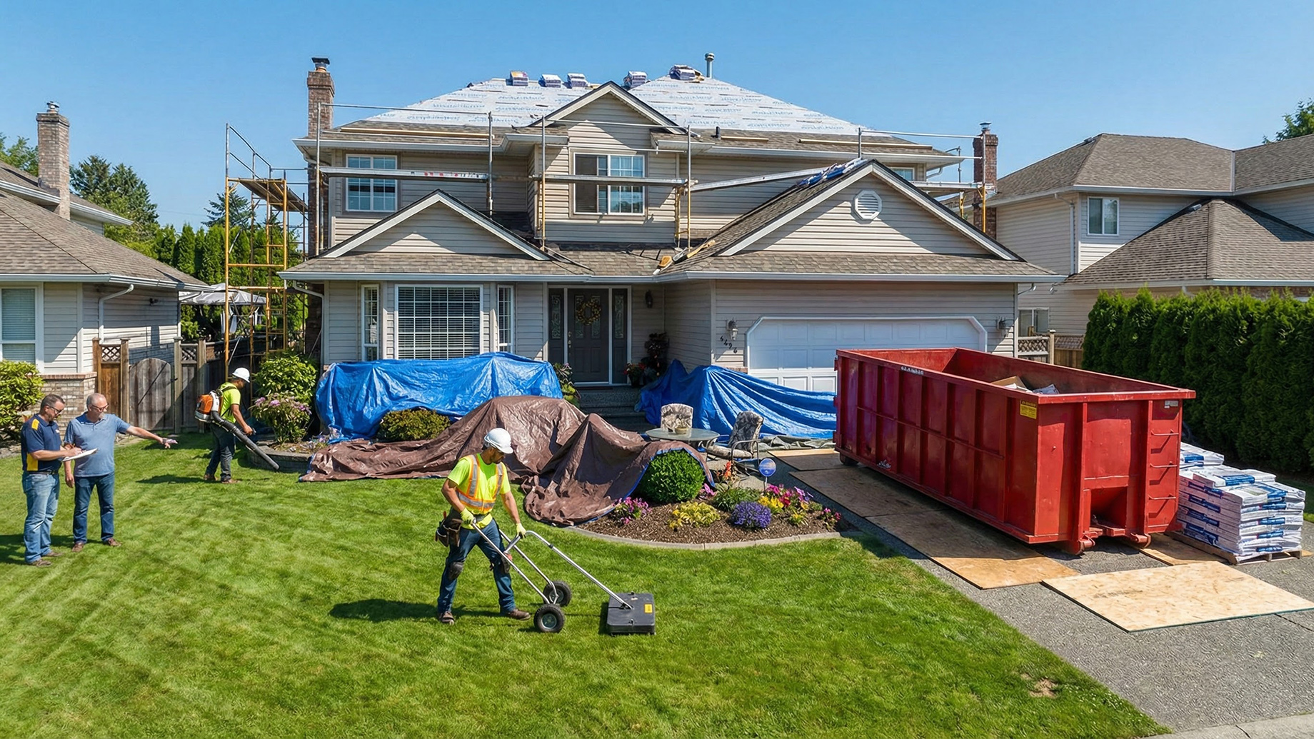A roofing crew works on a suburban home, demonstrating property protection measures. Blue tarps cover garden landscaping, plywood sheets shield the driveway beneath a red dumpster and material pallets, and a worker uses a magnetic sweeper on the lawn to ensure nail removal.