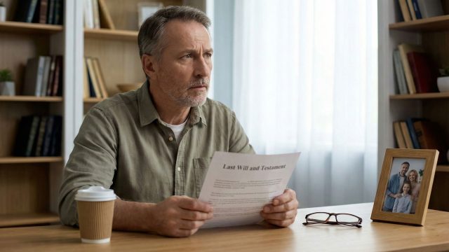 A middle-aged man with a grey beard sits at a wooden desk in a home office, holding a document titled "Last Will and Testament" and looking away with a thoughtful, concerned expression.