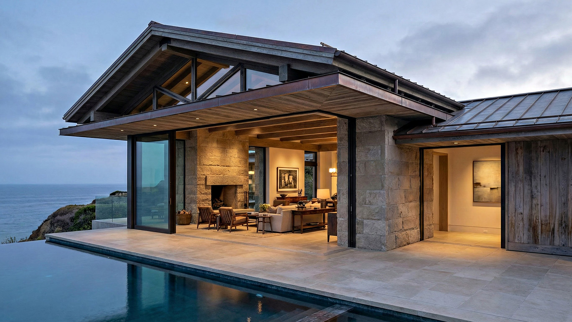 A world-class luxury residence at twilight featuring honed limestone walls, deep wooden overhangs, and a copper roof that exemplifies aging with character. Floor-to-ceiling glass walls slide open to create a seamless flow between the warm, illuminated living space and the outdoor pool terrace, while a figure on the roof inspects the structure, highlighting the importance of maintenance and legacy design.
