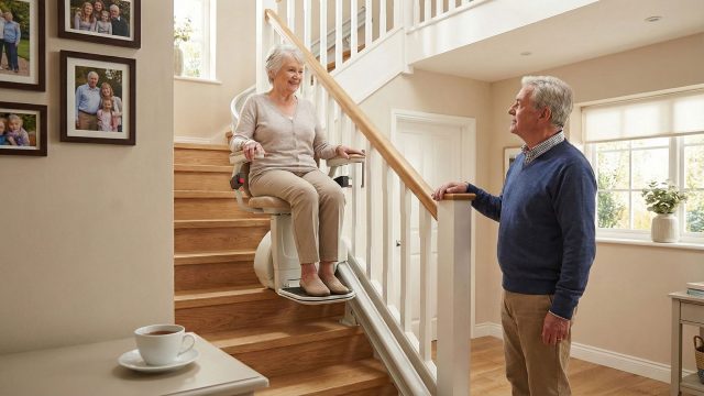 An older woman smiles as she rides a cream-colored stairlift up a wooden staircase, while an older man stands at the foot of the stairs looking up at her in a well-lit hallway.