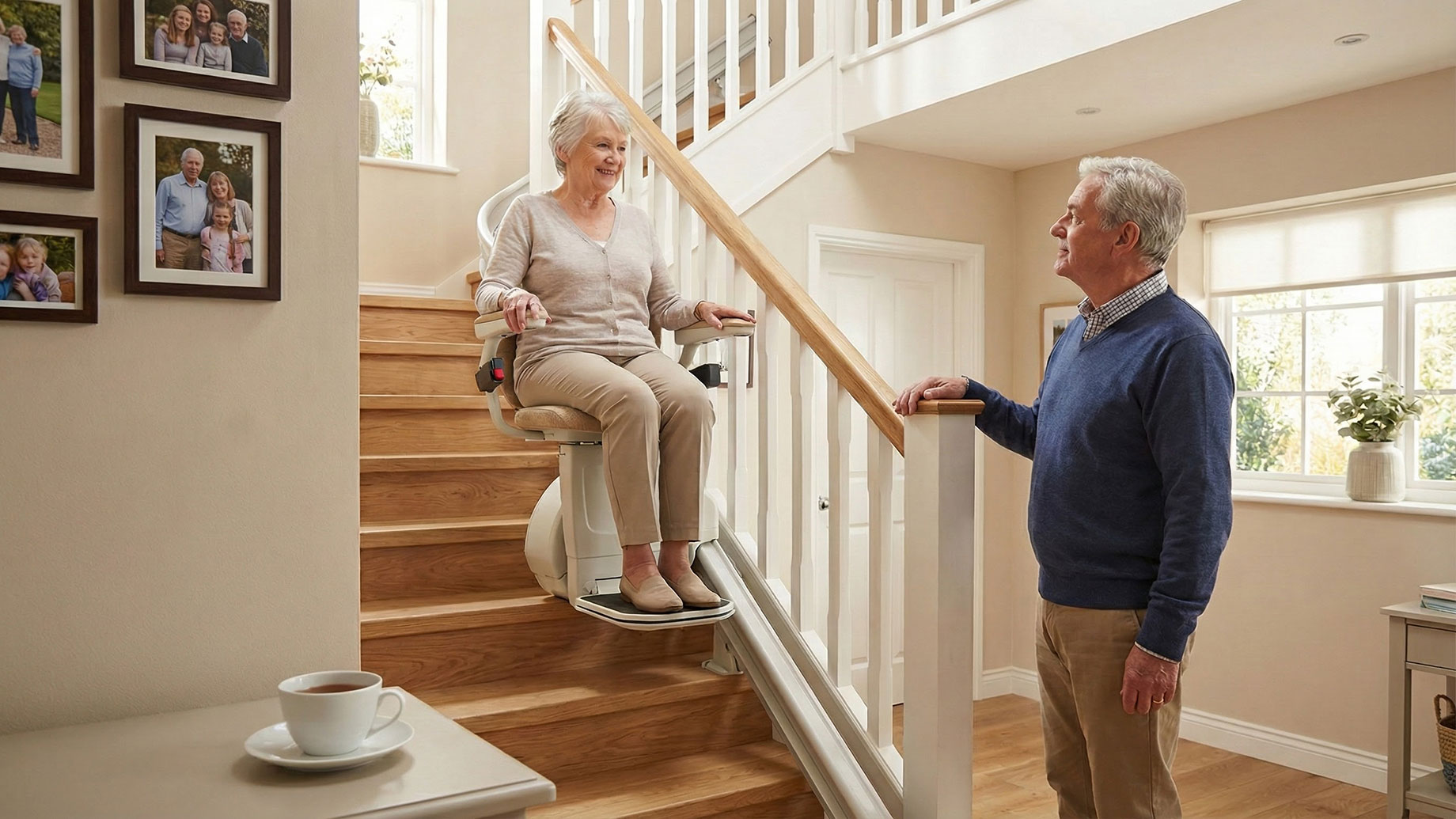 An older woman smiles as she rides a cream-colored stairlift up a wooden staircase, while an older man stands at the foot of the stairs looking up at her in a well-lit hallway.