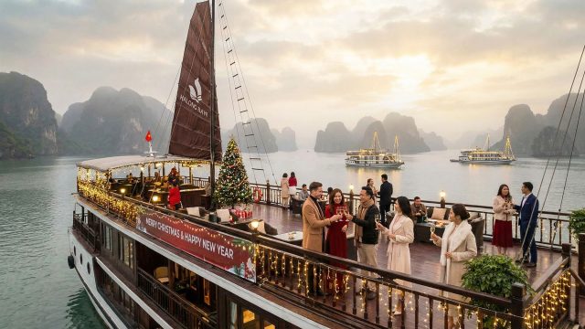 Guests on a beautifully decorated luxury cruise ship celebrate Christmas and New Year's on Halong Bay. The deck features a Christmas tree, festive lights, and a banner reading "MERRY CHRISTMAS & HAPPY NEW YEAR", with people in elegant attire toasting champagne against a backdrop of limestone islands at sunset.