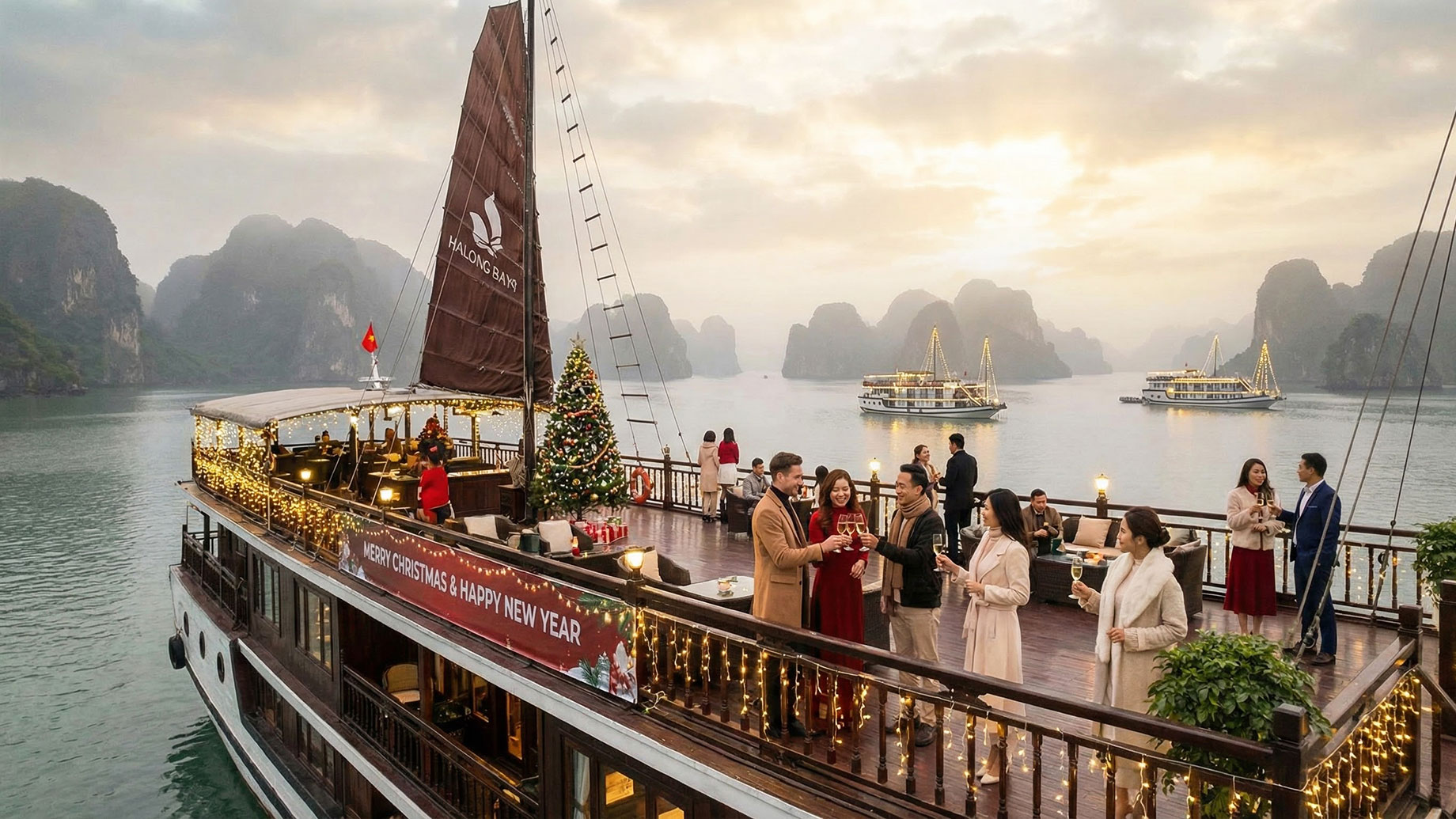 Guests on a beautifully decorated luxury cruise ship celebrate Christmas and New Year's on Halong Bay. The deck features a Christmas tree, festive lights, and a banner reading "MERRY CHRISTMAS & HAPPY NEW YEAR", with people in elegant attire toasting champagne against a backdrop of limestone islands at sunset.