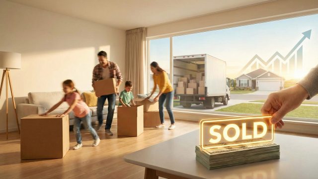 A happy family packing boxes in a bright living room with a moving truck visible outside the window. A glowing "SOLD" sign rests on a stack of cash in the foreground, illustrating the financial benefits and reduced stress of a quick home sale.
