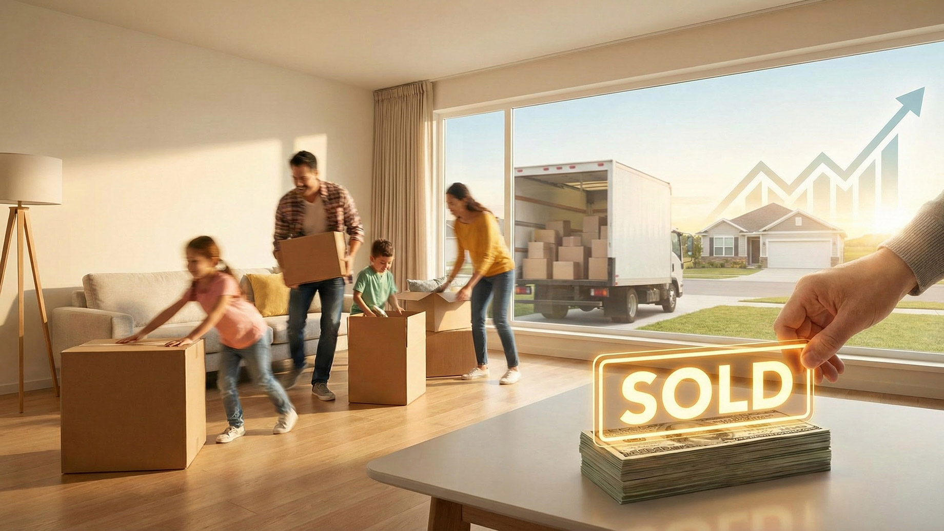 A happy family packing boxes in a bright living room with a moving truck visible outside the window. A glowing "SOLD" sign rests on a stack of cash in the foreground, illustrating the financial benefits and reduced stress of a quick home sale.