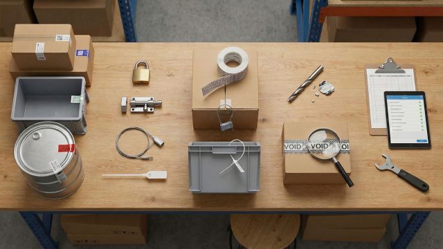 Overhead photograph of a wooden workbench displaying a collection of shipping security items. From left to right are cardboard boxes, a grey plastic tote, a metal drum with a seal, a brass padlock, a metal bolt seal, a cable seal, a plastic strap seal, a roll of security tape, a cardboard box with "VOID" tape being inspected by a magnifying glass, a drill bit and metal shavings, a clipboard with a checklist, and a tablet showing a digital log. The background shows warehouse shelving and more boxes.