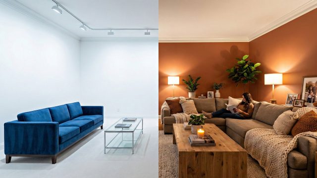 A split-screen comparison image showing a living room transformation. The left side depicts a cold, formal space with stark white walls, harsh overhead lighting, and a stiff blue sofa. The right side shows the same space warmed up with rich terracotta walls, soft ambient table lamps, textured throw blankets, a natural wooden coffee table, and indoor plants.