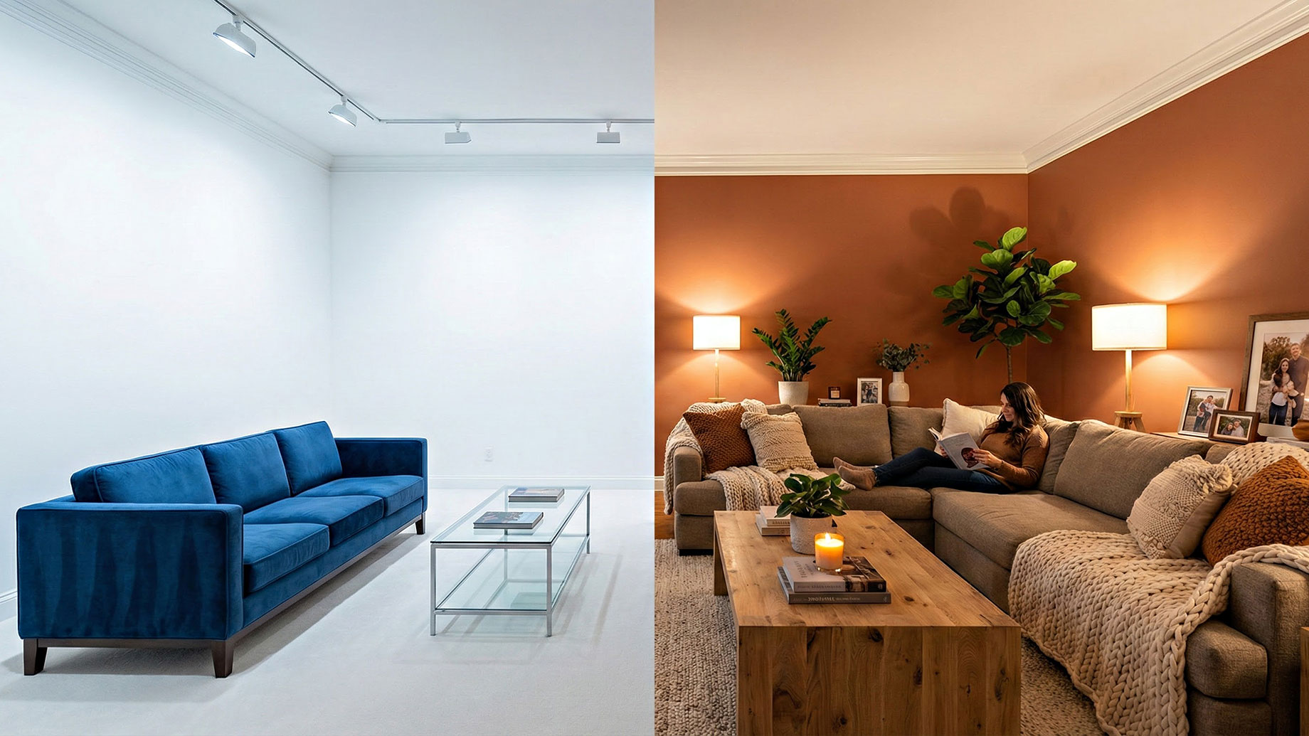 A split-screen comparison image showing a living room transformation. The left side depicts a cold, formal space with stark white walls, harsh overhead lighting, and a stiff blue sofa. The right side shows the same space warmed up with rich terracotta walls, soft ambient table lamps, textured throw blankets, a natural wooden coffee table, and indoor plants.