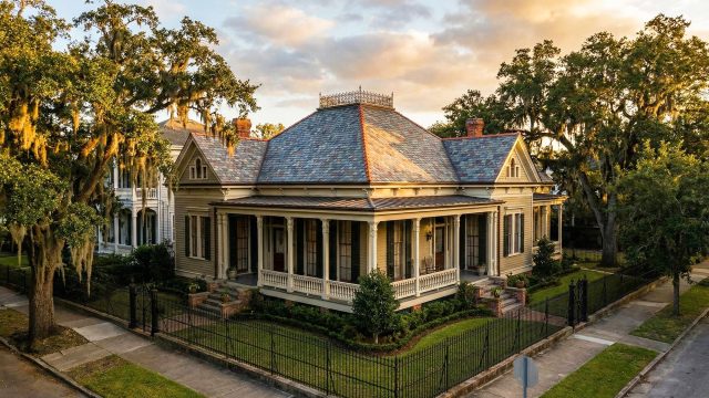 Exterior view of a historic luxury home in New Orleans featuring a pristine slate roof and wraparound porch, surrounded by oak trees with Spanish moss during the golden hour.